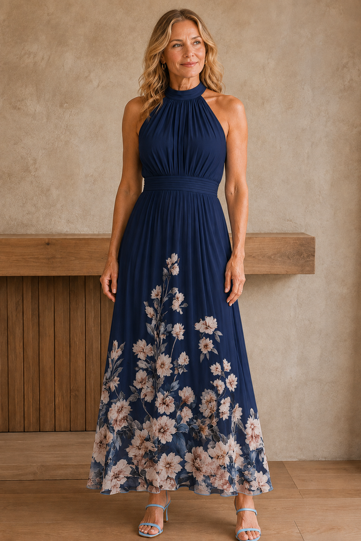 Floral Print Wedding Guest Dress - Navy