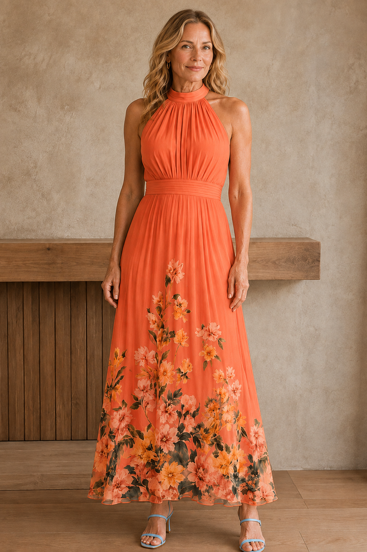 Floral Print Wedding Guest Dress - Orange