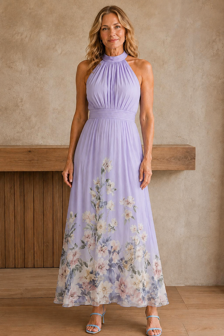 Floral Print Wedding Guest Dress - Purple