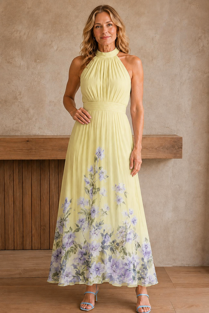 Floral Print Wedding Guest Dress - Yellow