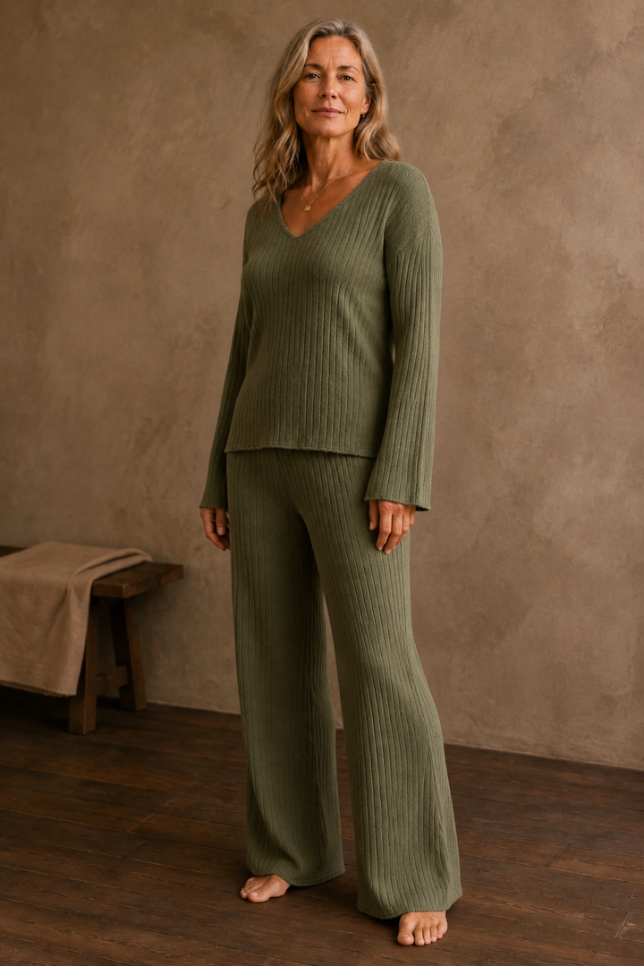 Flore | Dense Knit Two Piece Lounge Set - Olive Green