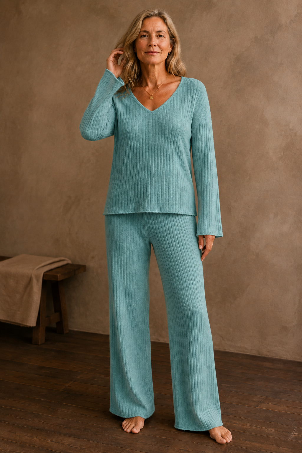 Flore | Dense Knit Two Piece Lounge Set - Turquoise