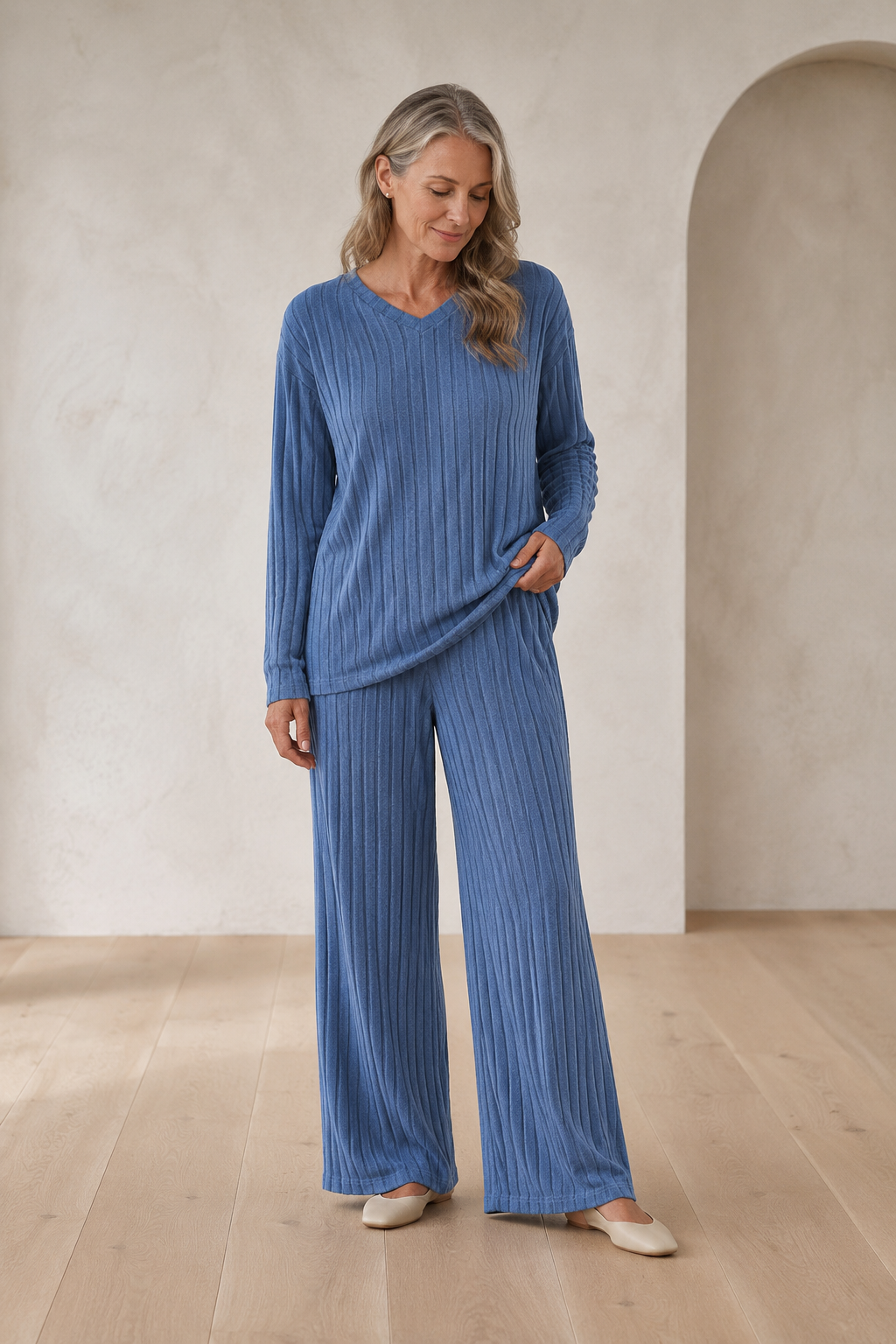 Florianne | V Neck Knit Lounge Set - Blue