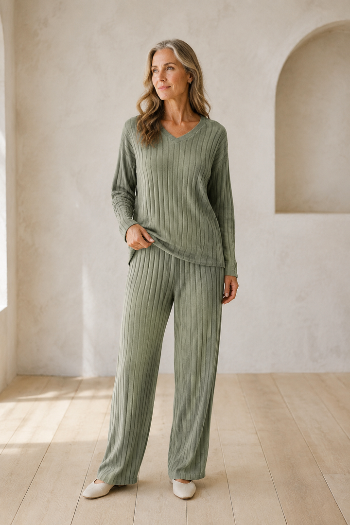 Florianne | V Neck Knit Lounge Set - Green