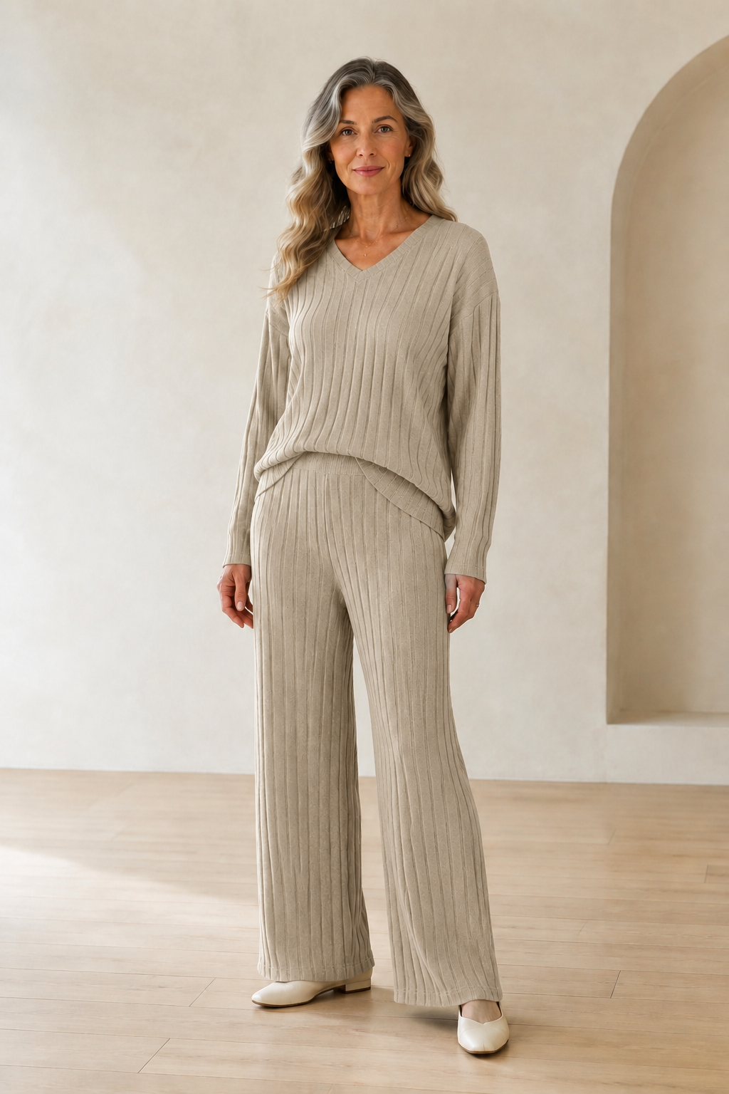 Florianne | V Neck Knit Lounge Set - Khaki
