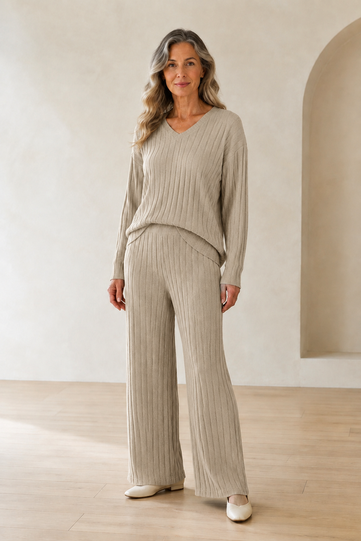 Florianne | V Neck Knit Lounge Set - Khaki
