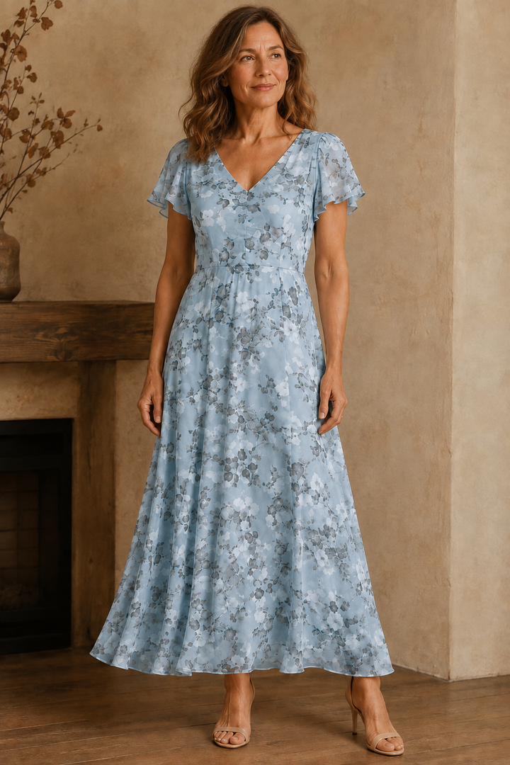 Flowing V Neck Lined Maxi Dress - Blue