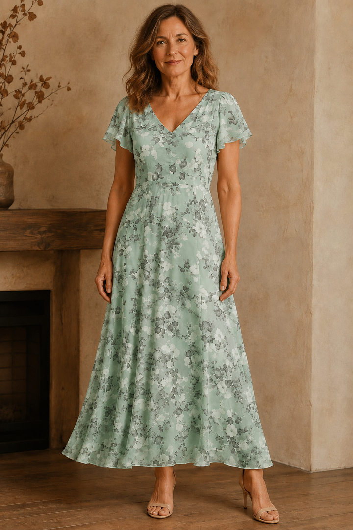 Flowing V Neck Lined Maxi Dress - Green