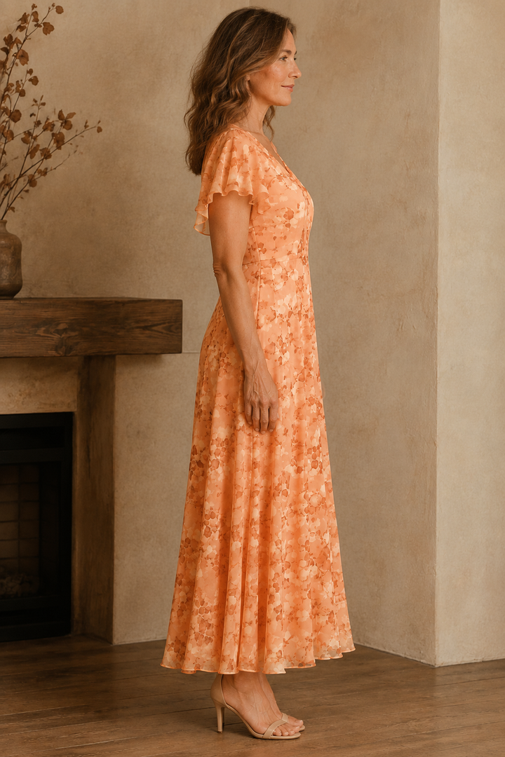 Flowing V Neck Lined Maxi Dress - left side view