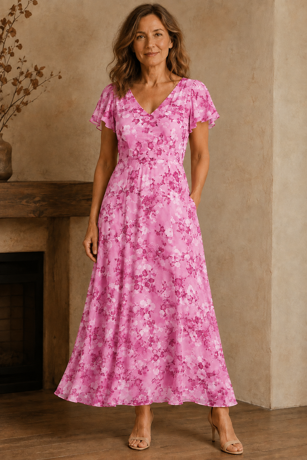 Flowing V Neck Lined Maxi Dress - Pink
