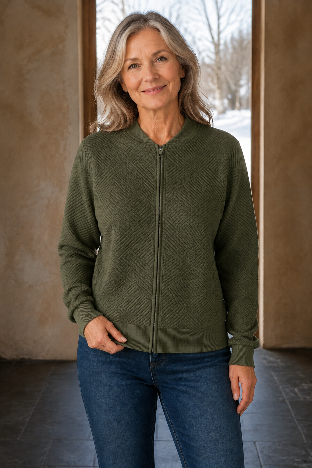 Frances | Textured Knit Zip Cardigan - Army Green