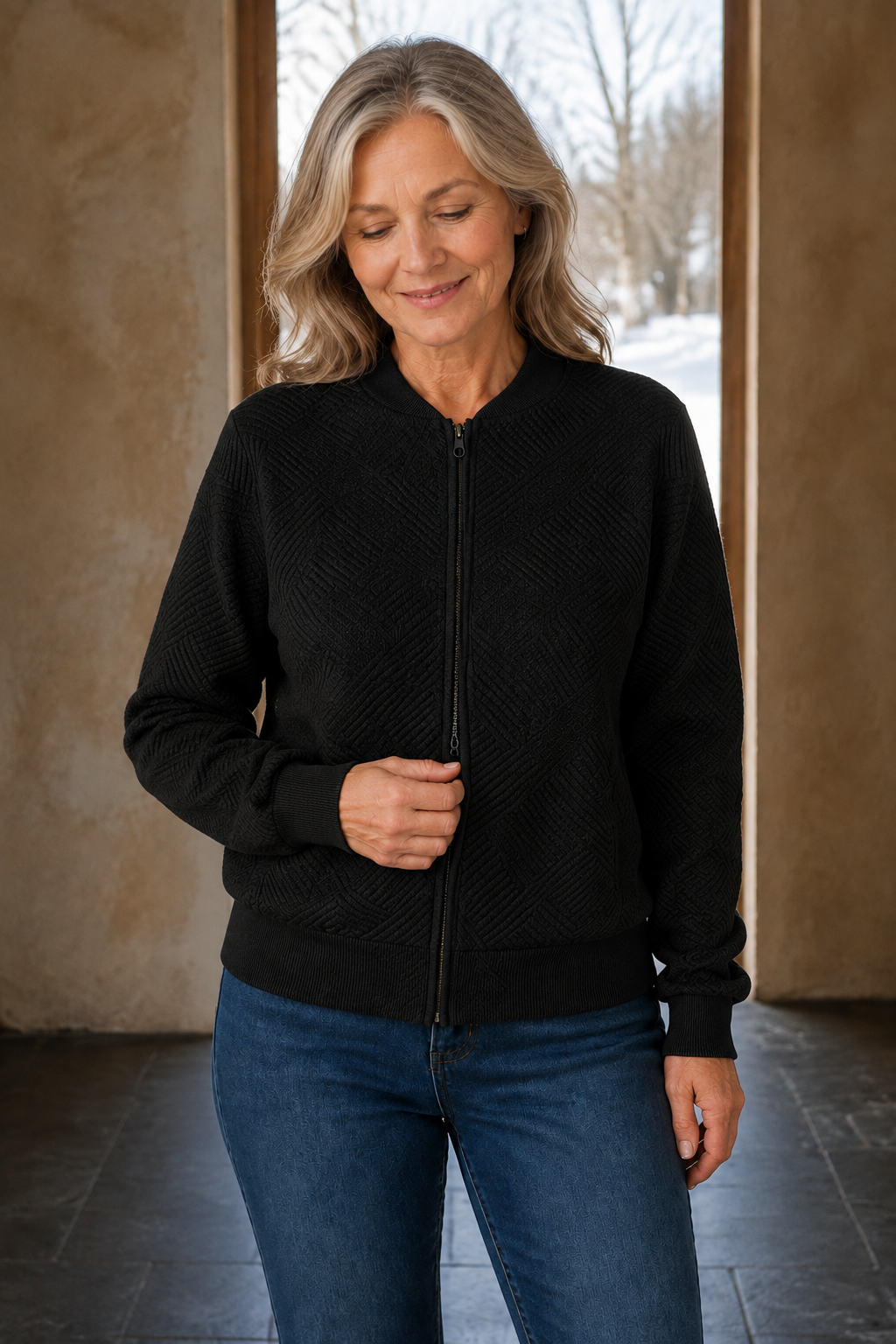 Frances | Textured Knit Zip Cardigan - Black