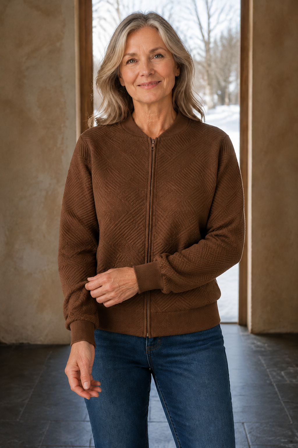 Frances | Textured Knit Zip Cardigan - Brown
