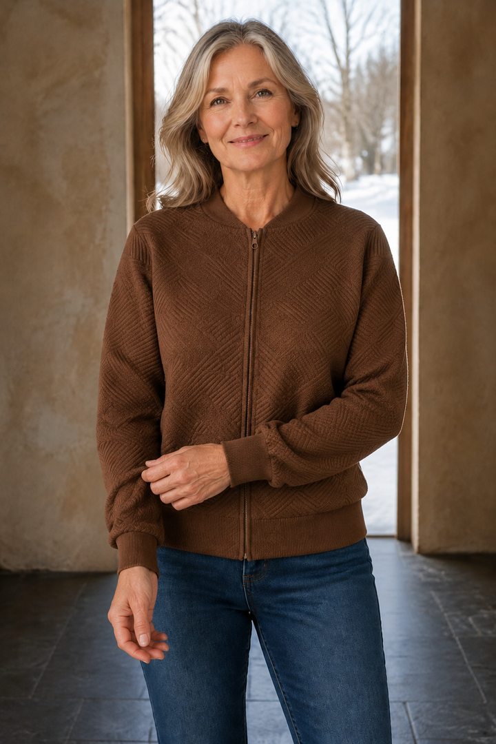 Frances | Textured Knit Zip Cardigan - Brown