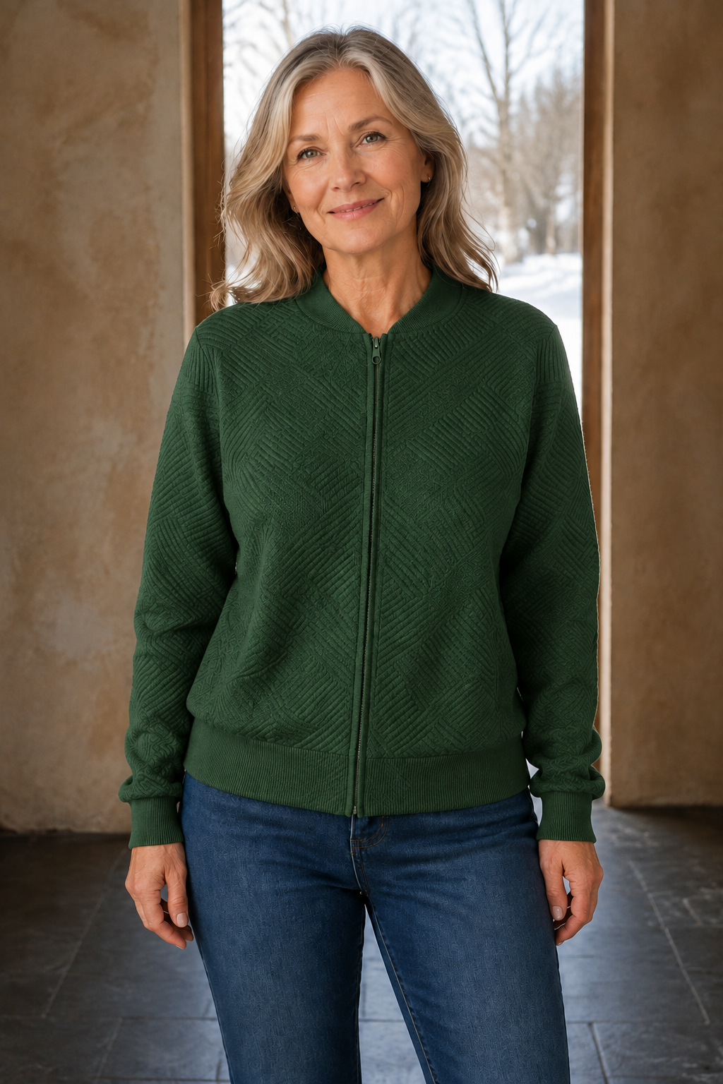 Frances | Textured Knit Zip Cardigan - Green