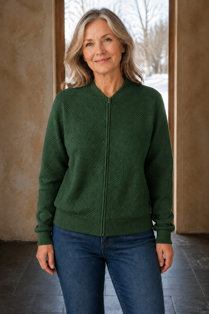 Frances | Textured Knit Zip Cardigan - Green