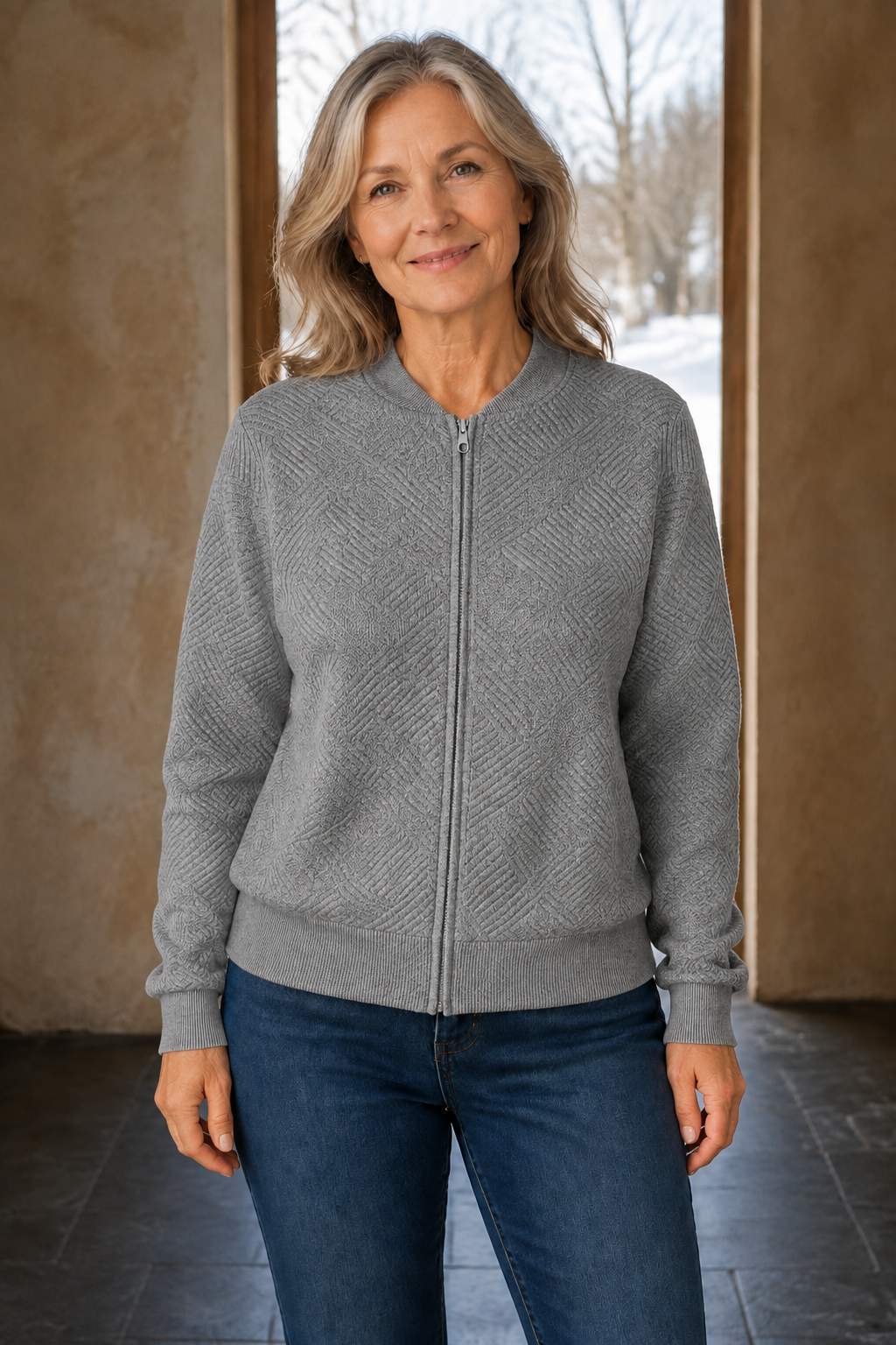 Frances | Textured Knit Zip Cardigan - Grey