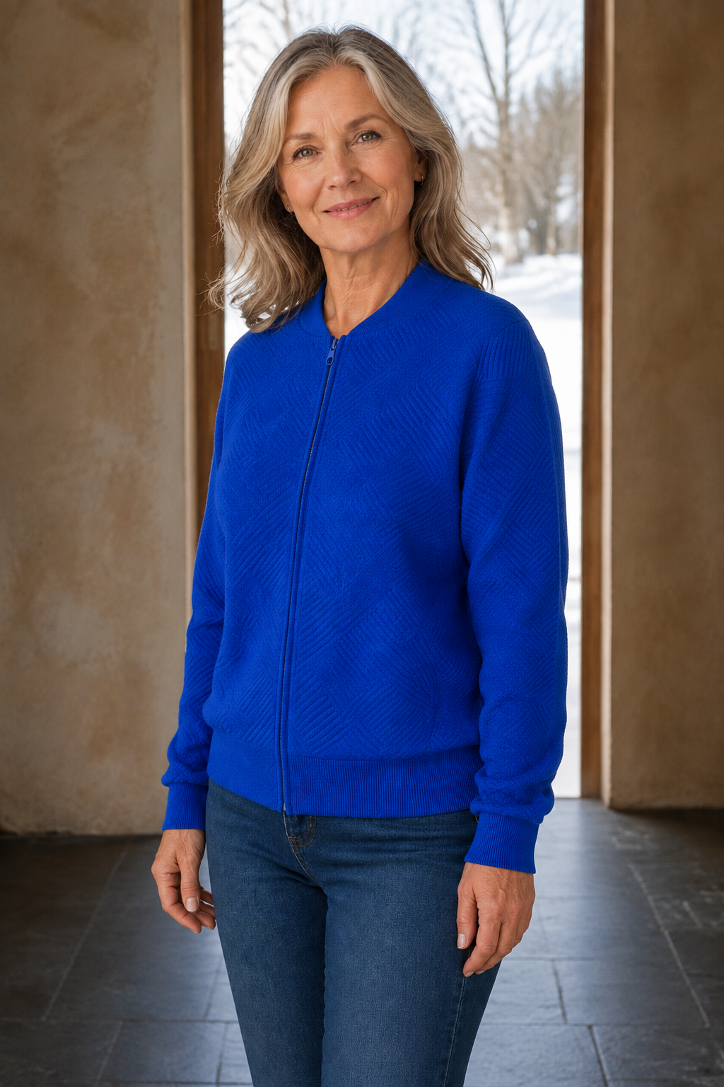 Frances | Textured Knit Zip Cardigan - Blue