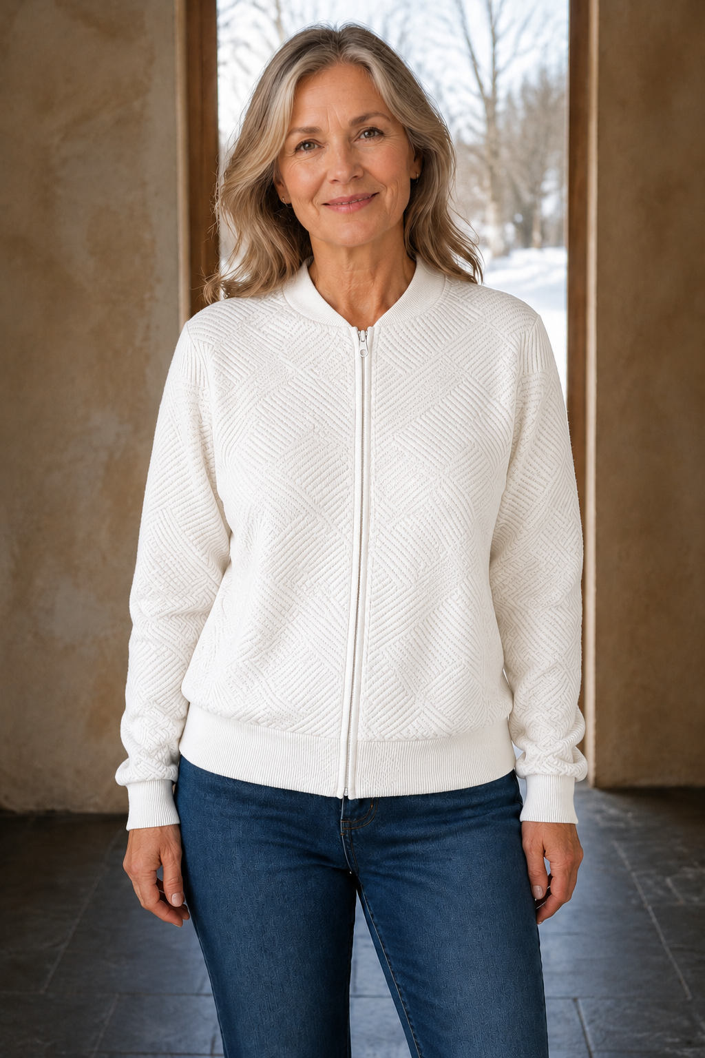Frances | Textured Knit Zip Cardigan - White