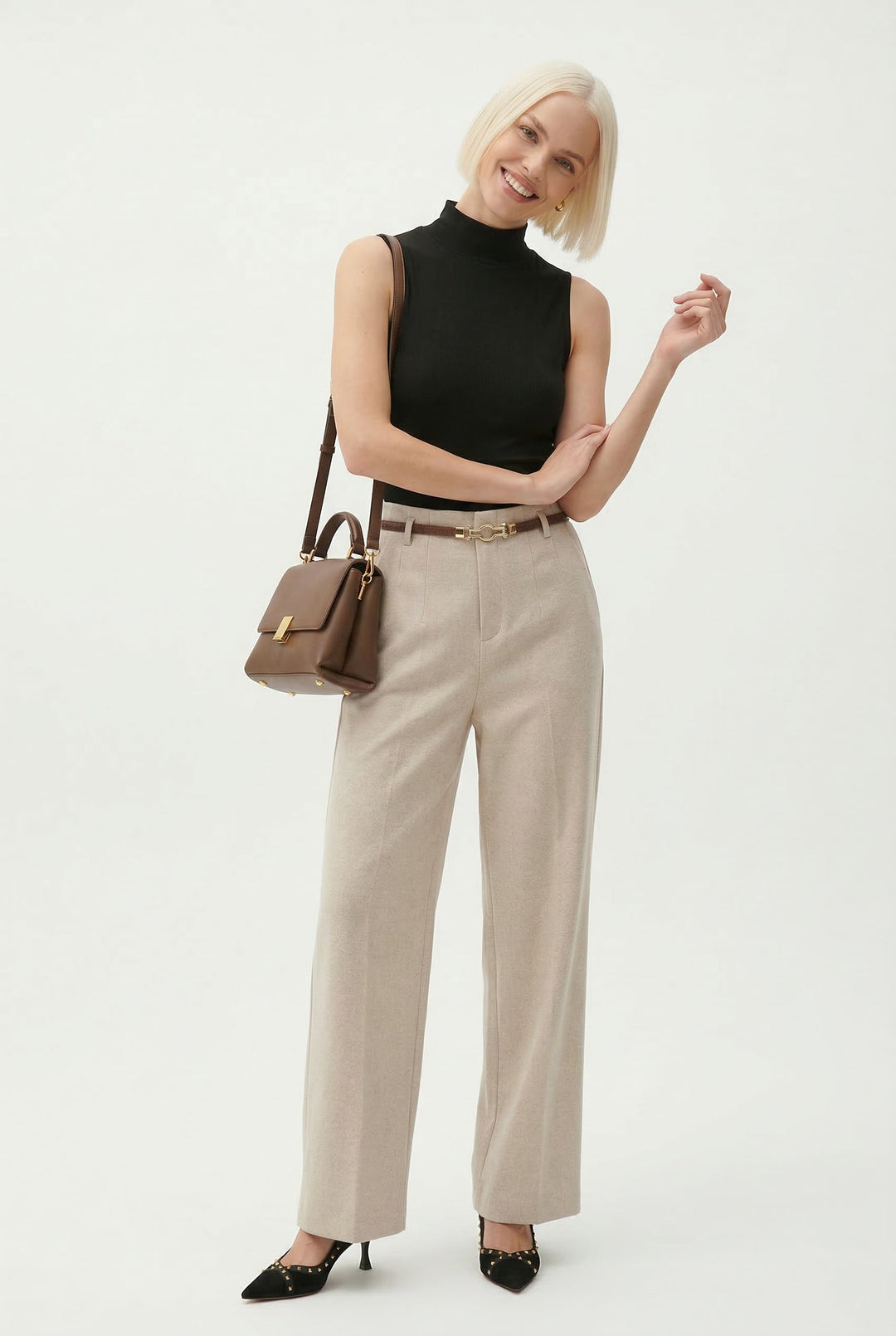 Adelia | 50% Wool Belted Wide Leg Trousers