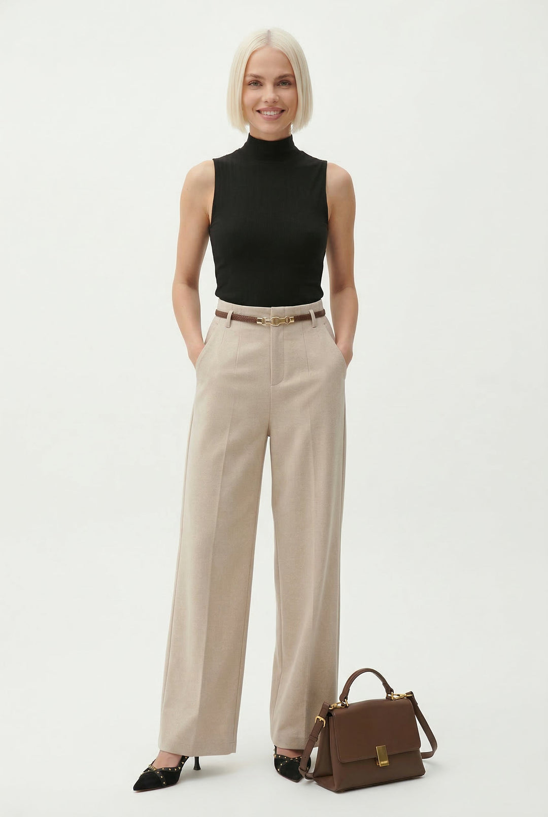 Adelia | 50% Wool Belted Wide Leg Trousers