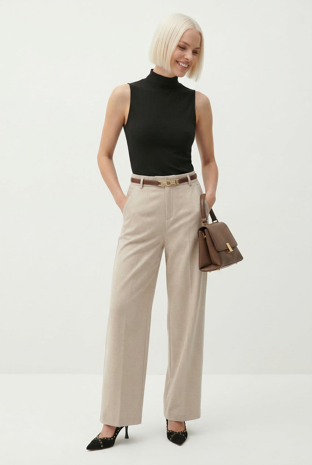 Adelia | 50% Wool Belted Wide Leg Trousers