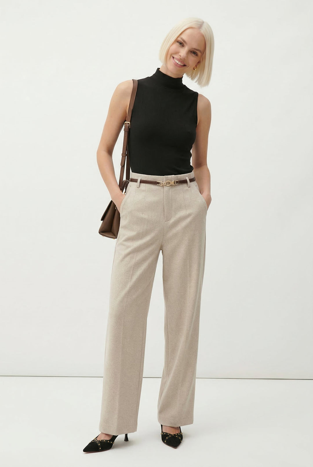 Adelia | 50% Wool Belted Wide Leg Trousers