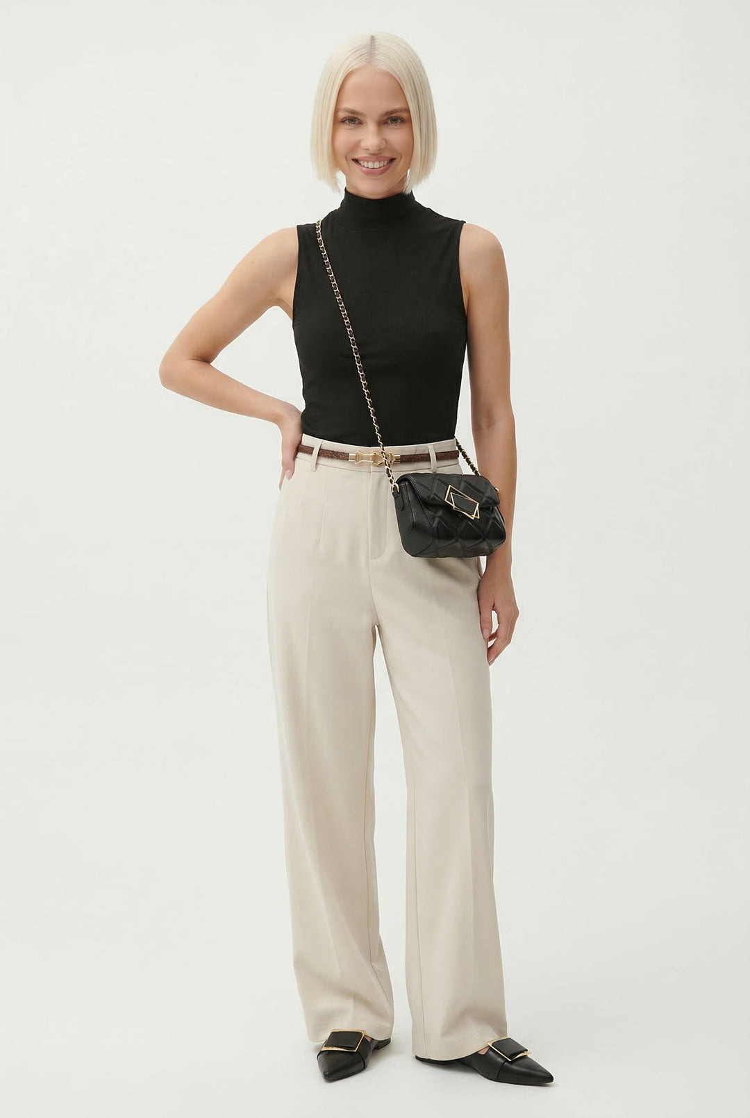 Adelia | 50% Wool Belted Wide Leg Trousers