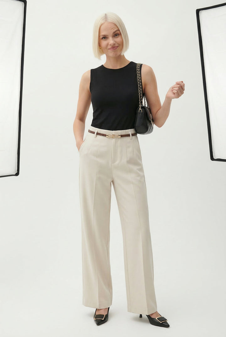 Adelia | 50% Wool Belted Wide Leg Trousers