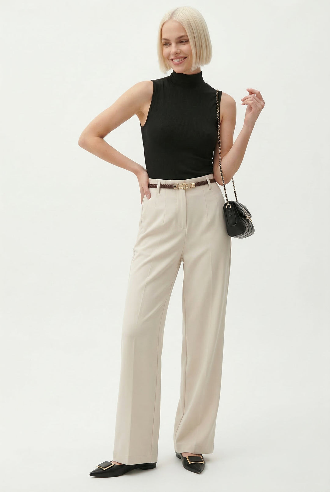 Adelia | 50% Wool Belted Wide Leg Trousers