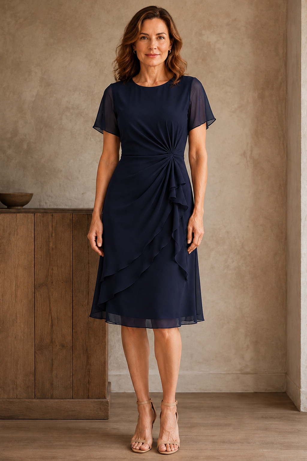 Gathered Waist Short Sleeve Dress - Blue