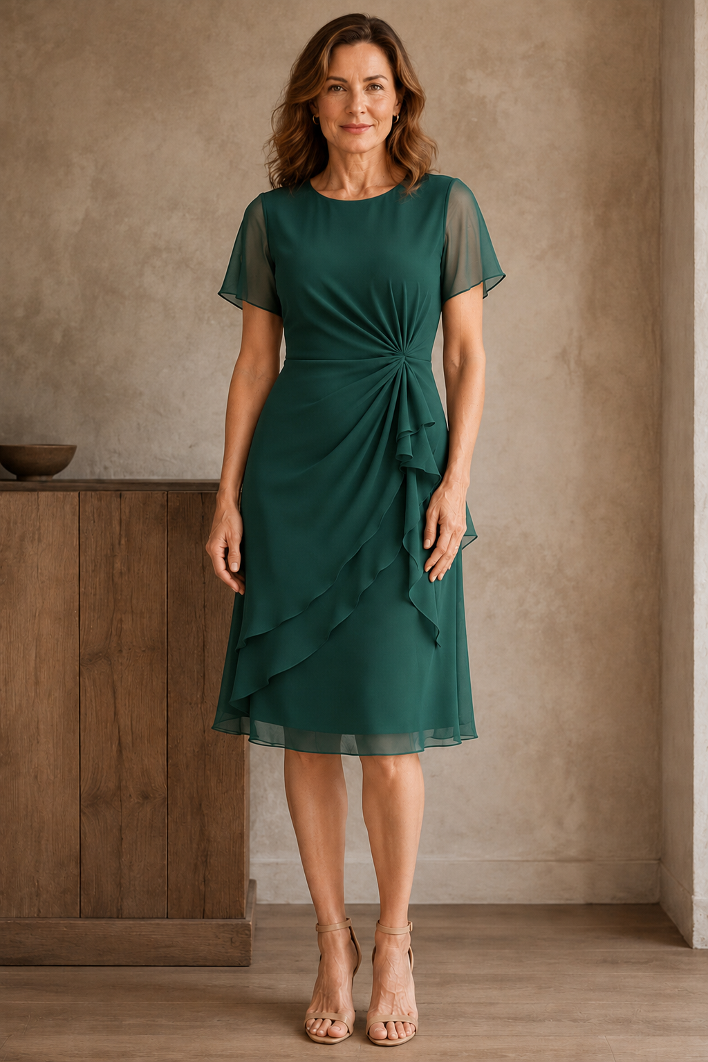 Gathered Waist Short Sleeve Dress - Green