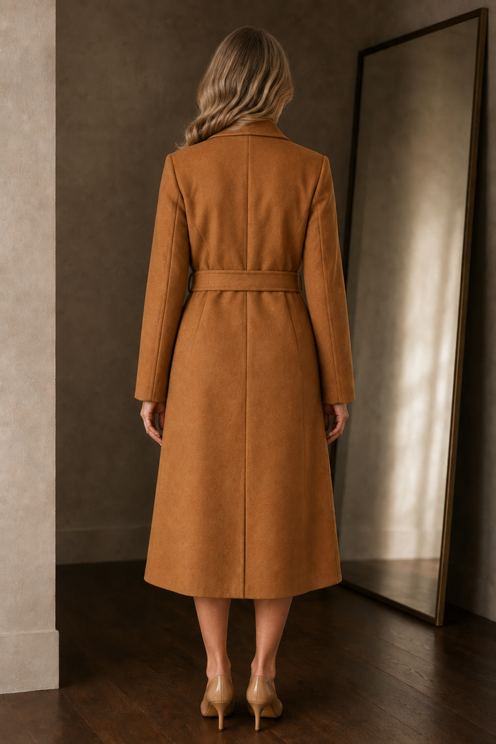 Gisèle | 100% Wool Belted Midi Coat - Camel