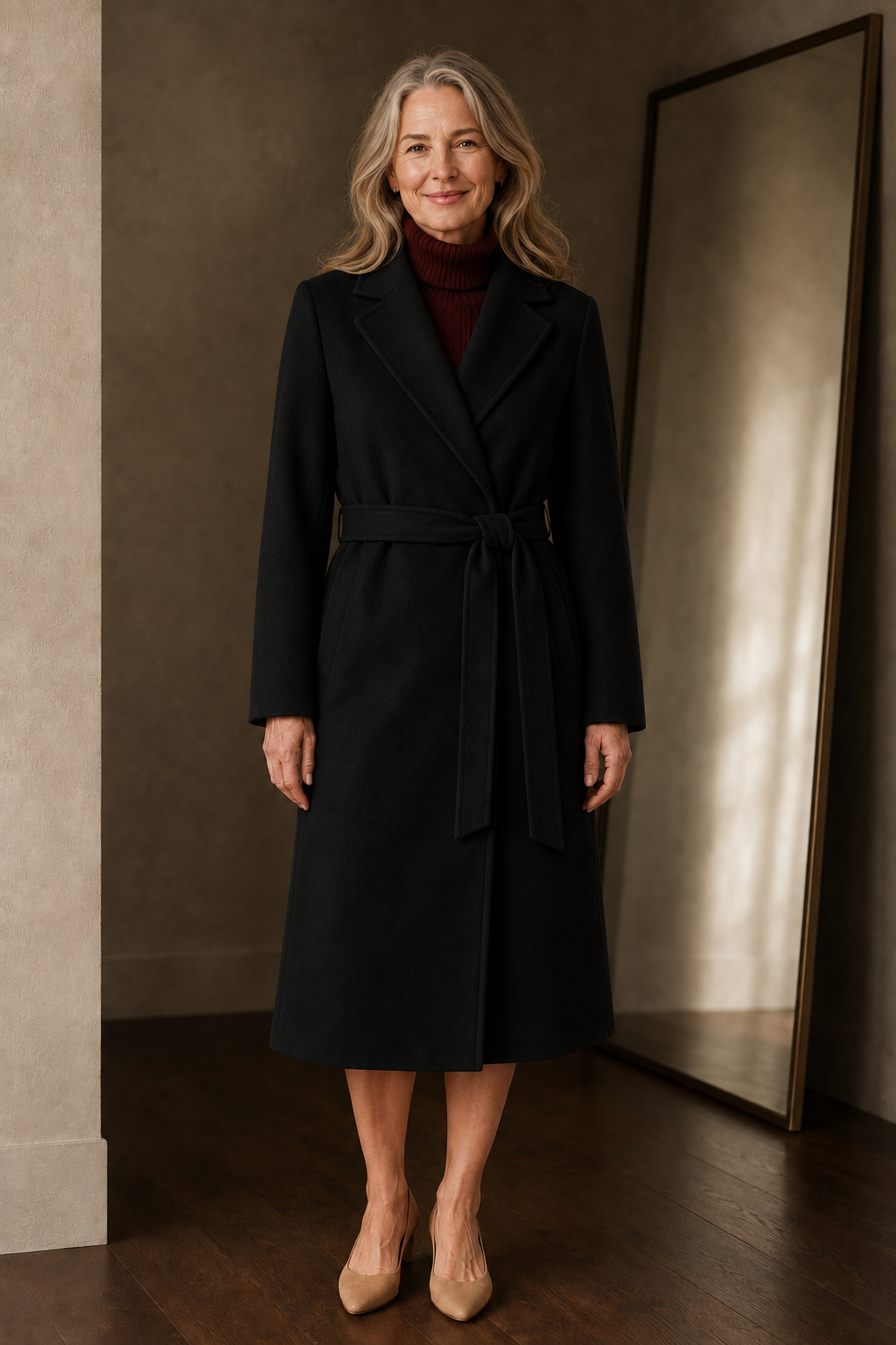 Gisèle | 100% Wool Belted Midi Coat - Black
