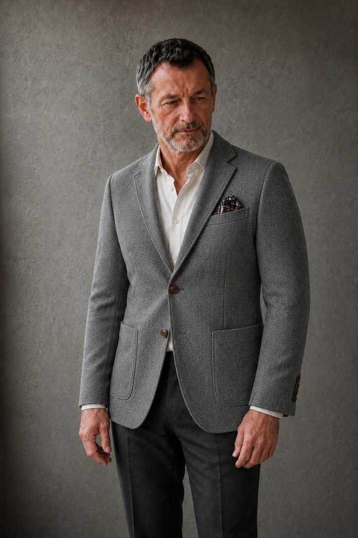 Gravedona gray herringbone blazer torso view with natural hands