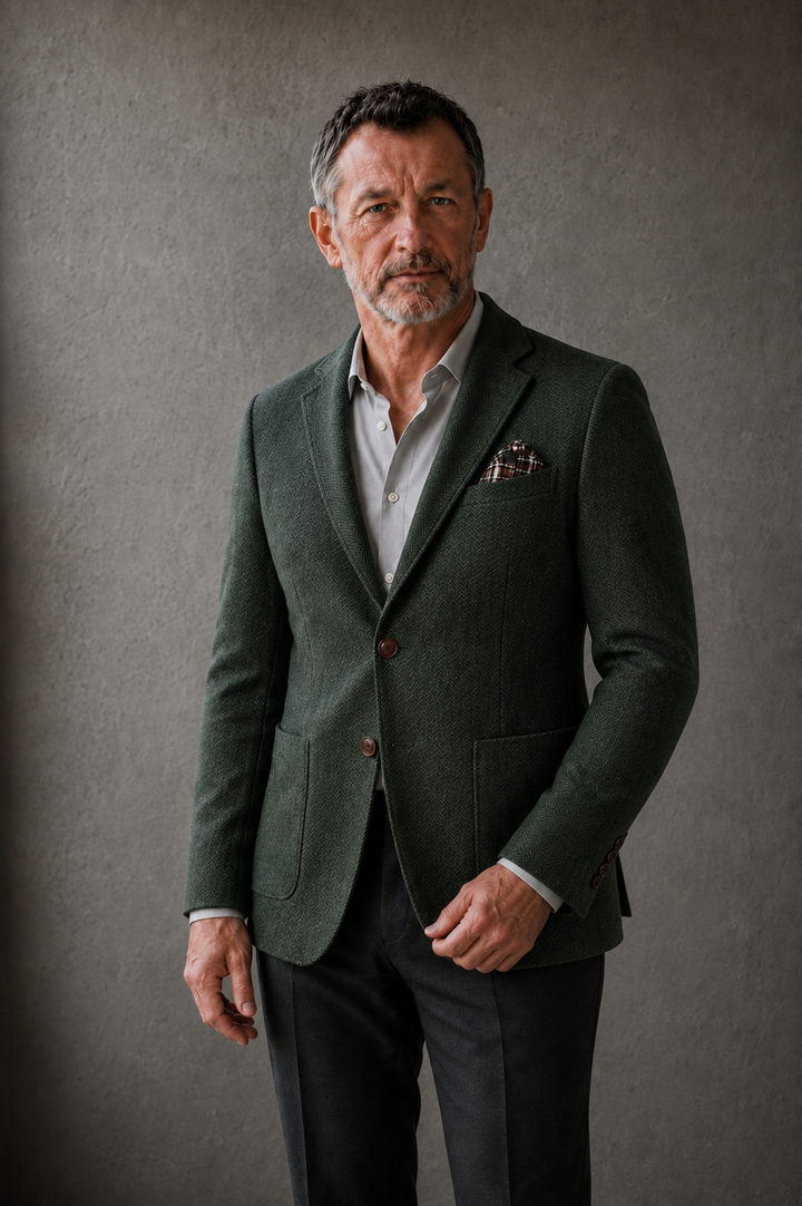 Gravedona green herringbone blazer torso view with natural hands