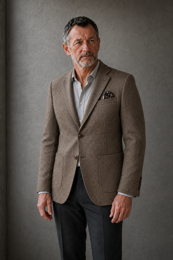 Gravedona khaki herringbone blazer torso view with natural hands