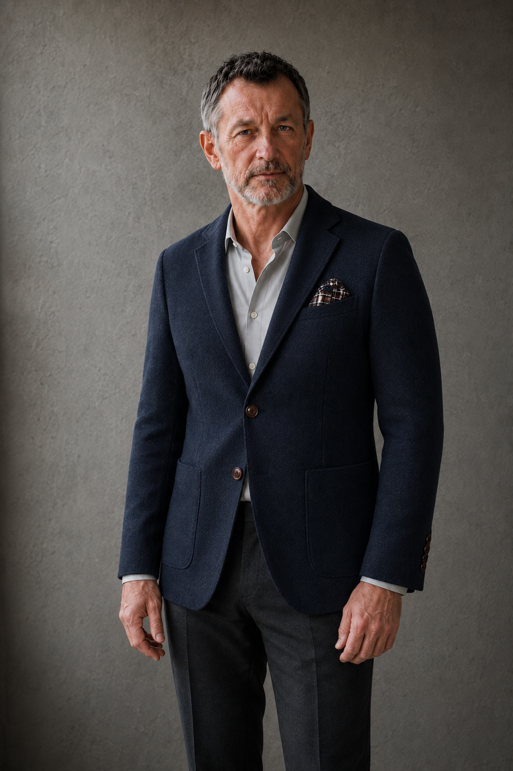 Gravedona navy herringbone blazer torso view with natural hands