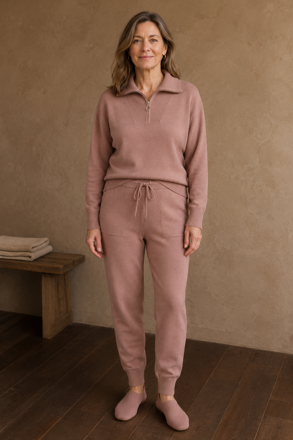 Full-length editorial image of Half Zip Knit Two Piece Set