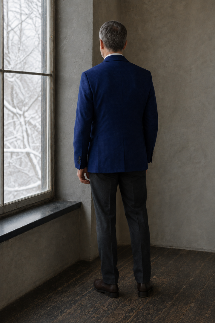Henderson navy blazer direct back view