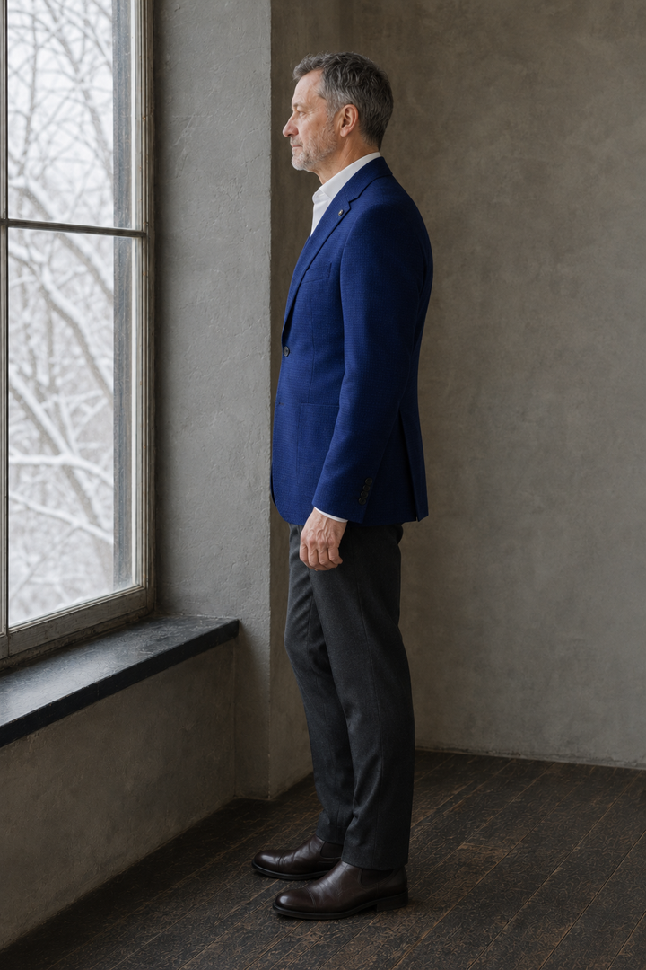 Henderson navy blazer left side profile