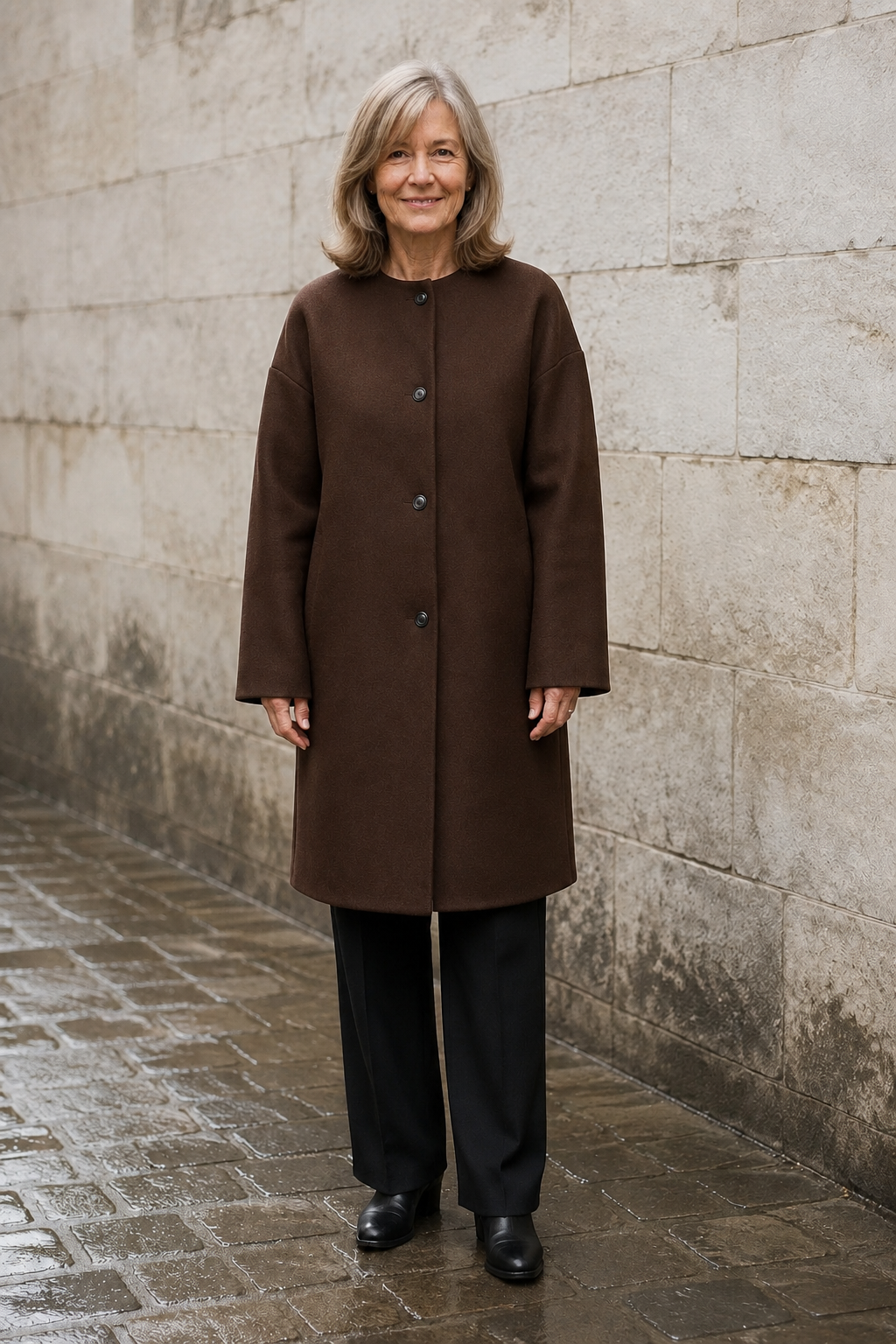 Henrietta | Collarless Winter Coat - Brown