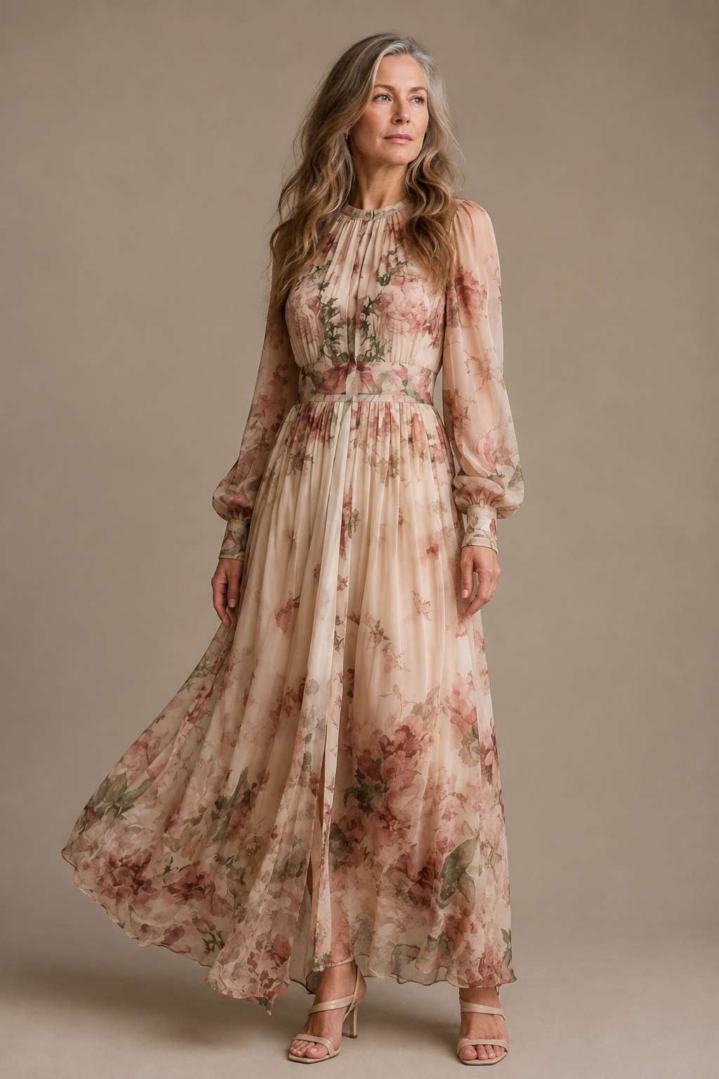 Full-length editorial image of High Neck Floral Maxi Dress