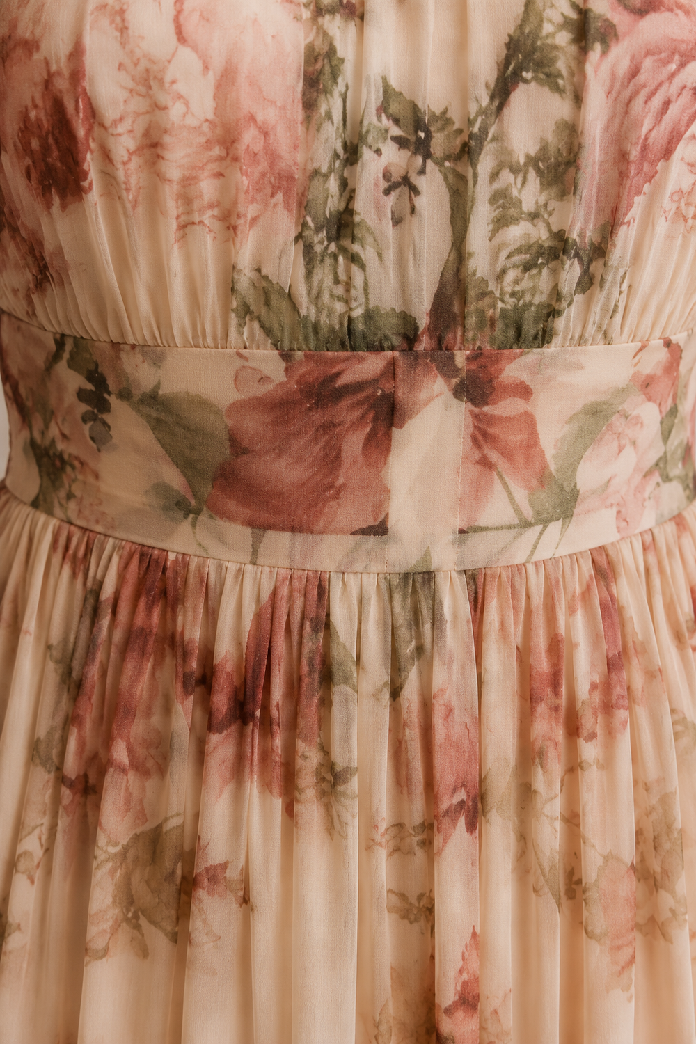 High Neck Floral Maxi Dress – macro close-up of floral chiffon