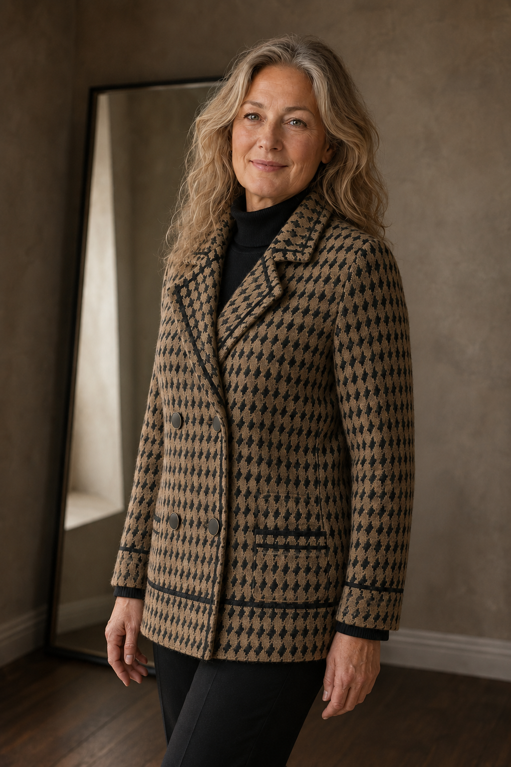 Houndstooth Knit Cropped Jacket - Brown