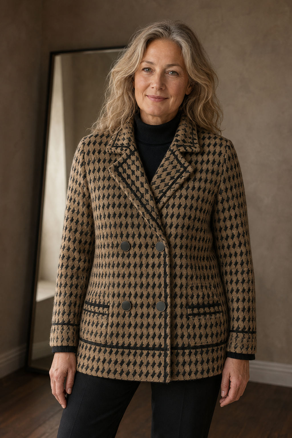 Houndstooth knit cropped jacket closed