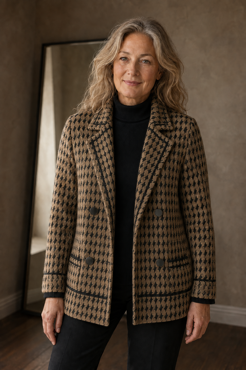Houndstooth knit cropped jacket open