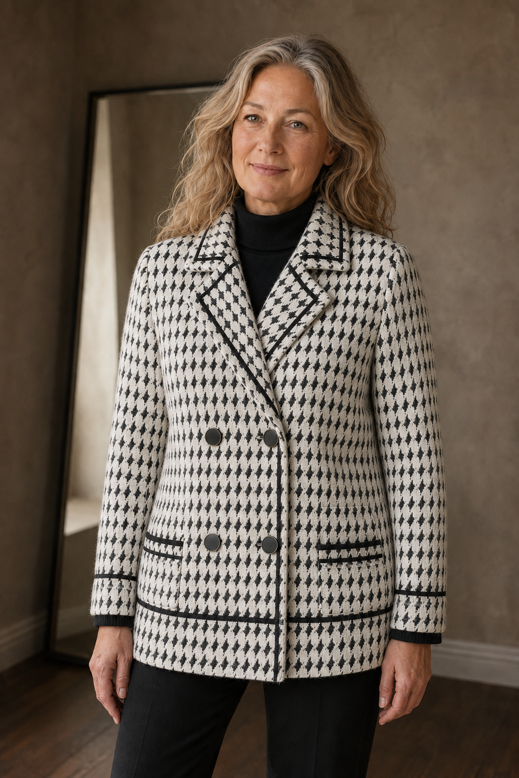 Houndstooth Knit Cropped Jacket - White