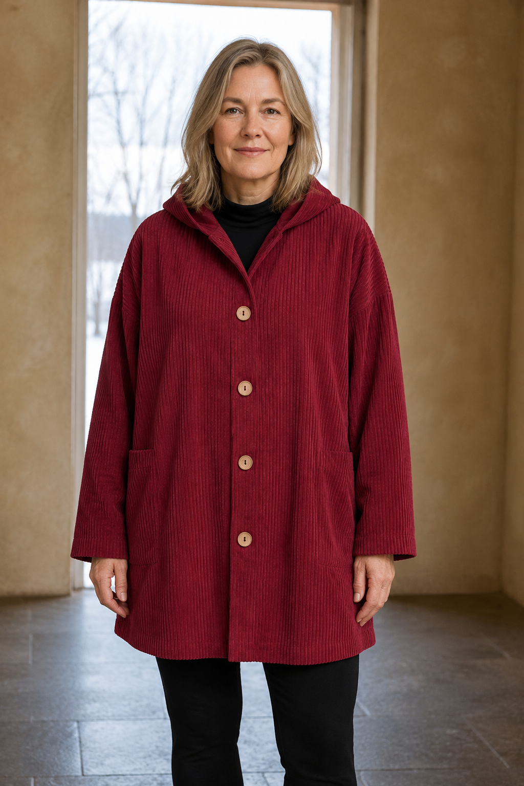 Indie burgundy corduroy hooded jacket closed