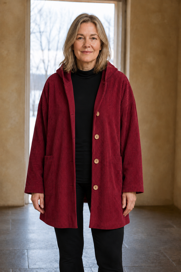 Indie burgundy corduroy hooded jacket open matched background
